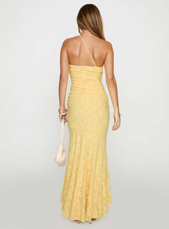 back view of model wearing Princess Polly Starlights One Shoulder Maxi Dress Lemon Asymmetric Neckline 