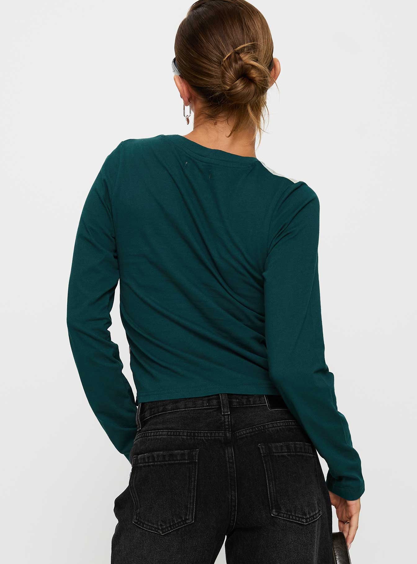 back view of model wearing Princess Polly Sonique Long Sleeve Top Multi Full Sleeves Crew Neck 