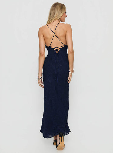 Alvera Fringe Beaded Maxi Dress Navy