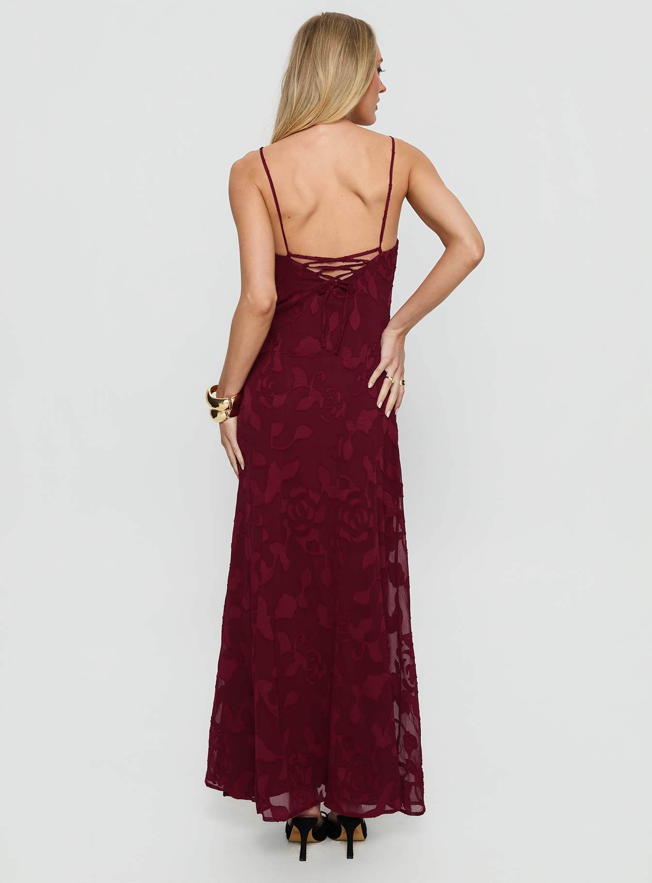 Leading Lady Sweetheart Maxi Dress Red Floral Burnout