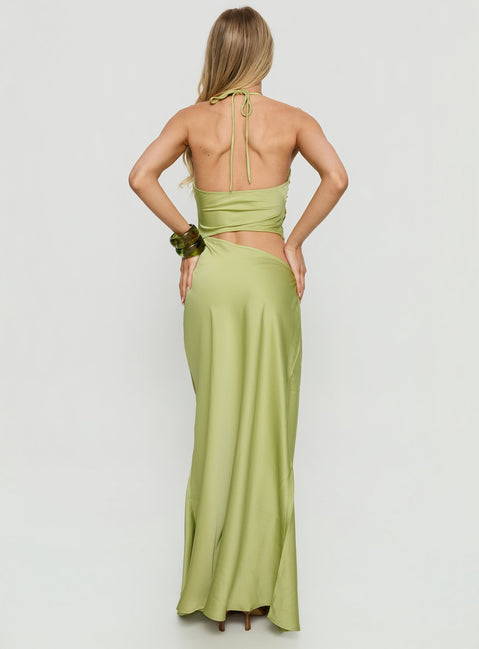 how did woman dress in the 90s Women Solid Green Halter Neck Front Cutout Tie-Up Backless Thigh-High Slit  Straight Hem A-Line Maxi Dress main image 1