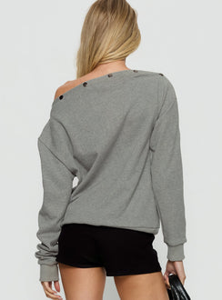 back view of model wearing Princess Polly Hazle Stud Detail Off Shoulder Jumper Grey Longline Jumpers 