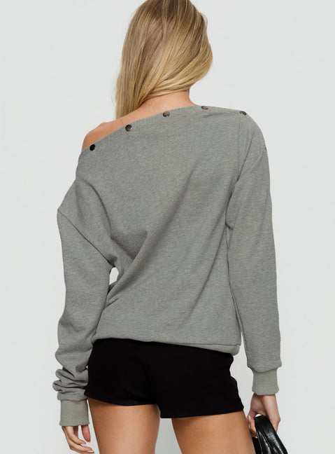 back view of model wearing Princess Polly Hazle Stud Detail Off Shoulder Jumper Grey Longline Jumpers 