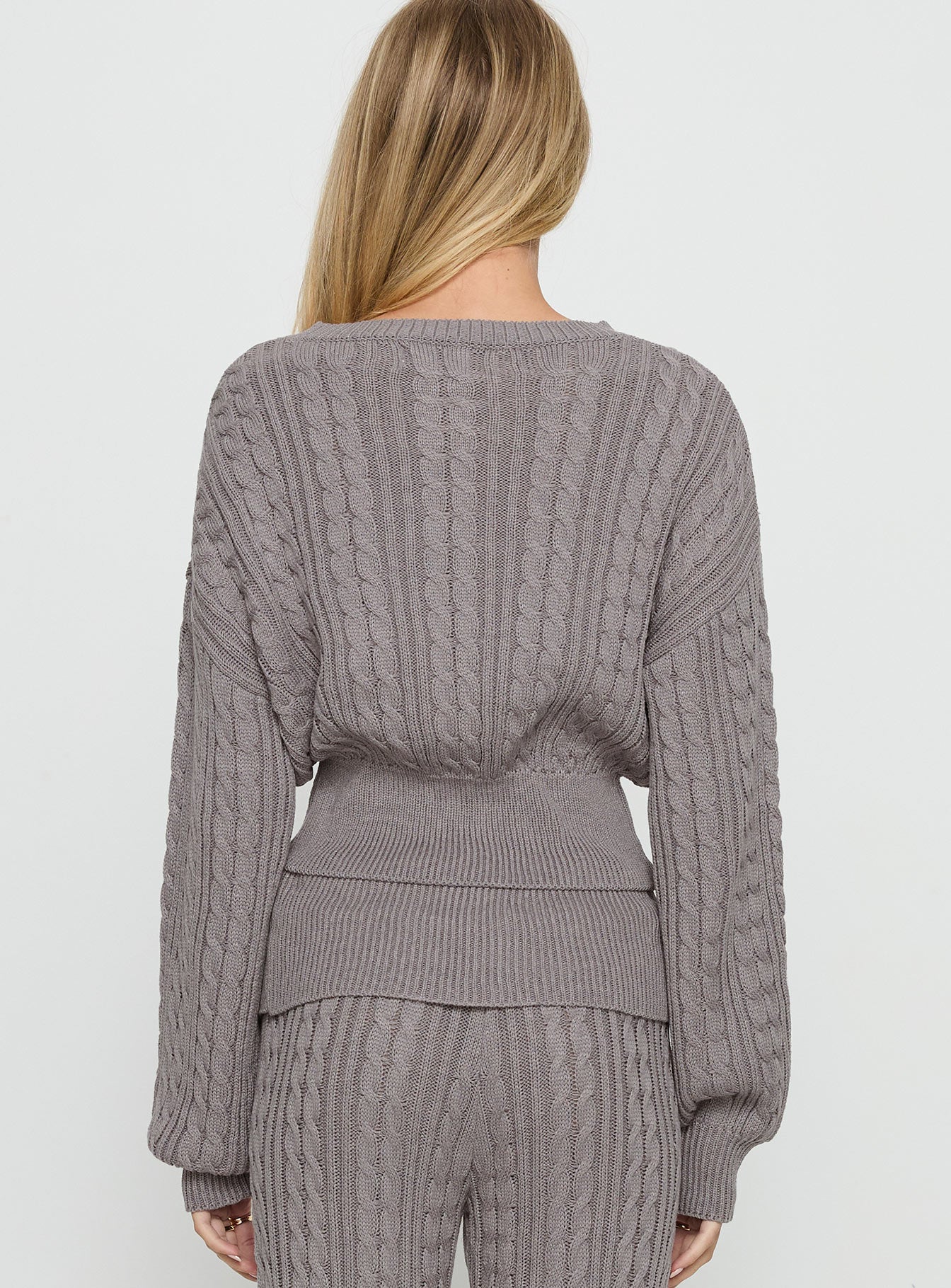 back view of model wearing Princess Polly Baleigh Cable Knit Cardigan Grey 