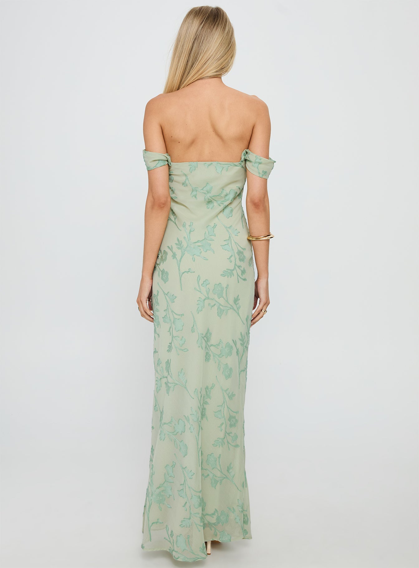 Azura Off The Shoulder Maxi Dress Green Burnout