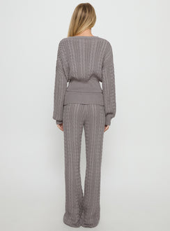 back view of model wearing Princess Polly Baleigh Cable Knit Foldover Pants Grey Mid Rise Pants 