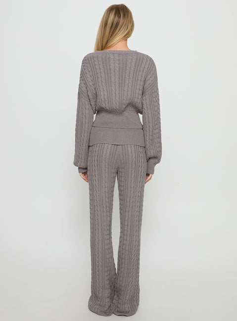 back view of model wearing Princess Polly Baleigh Cable Knit Foldover Pants Grey Mid Rise Pants 