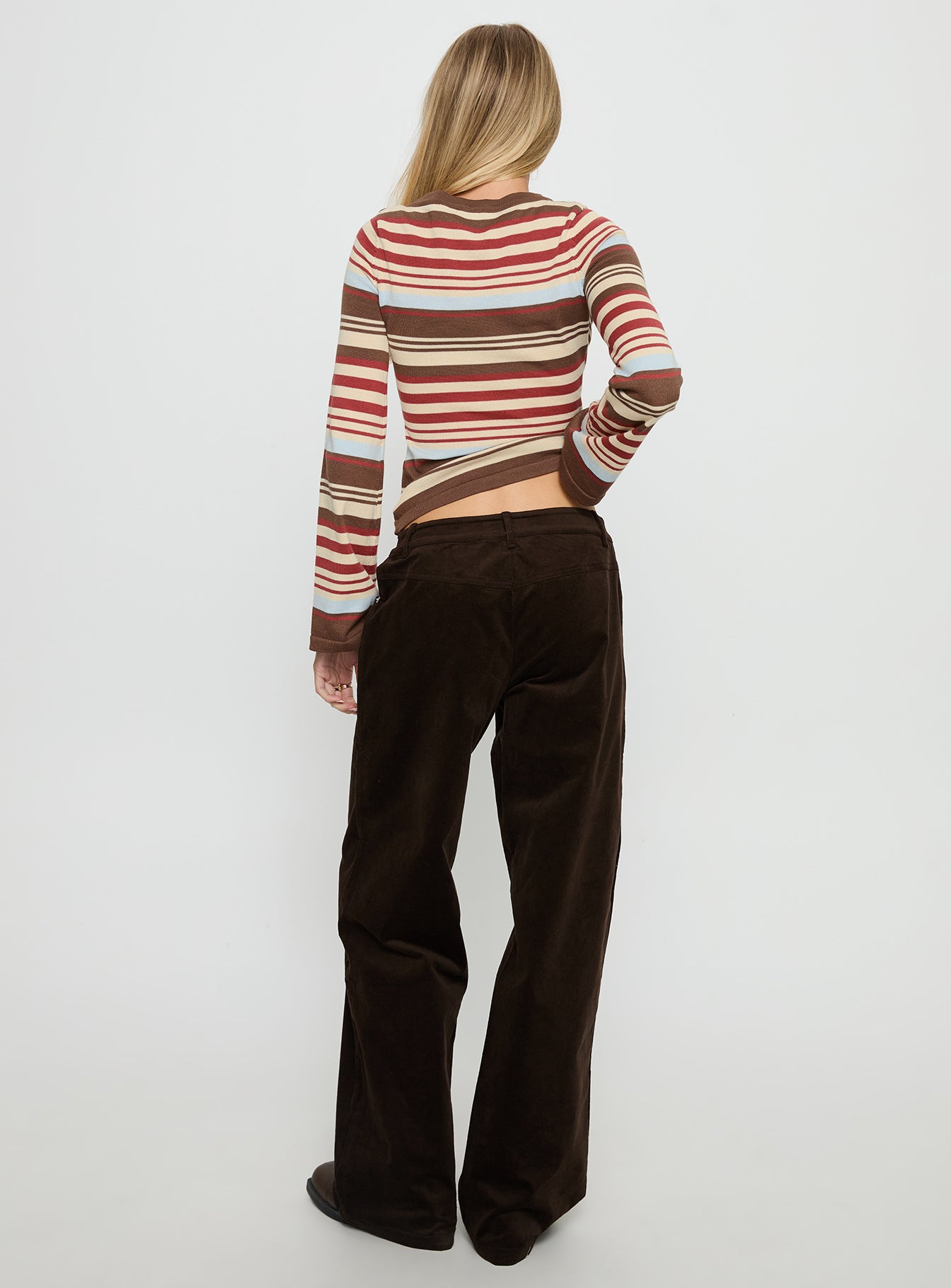 back view of model wearing Princess Polly Kenza Wide Leg Corduroy Pant Brown Mid Rise Pants 