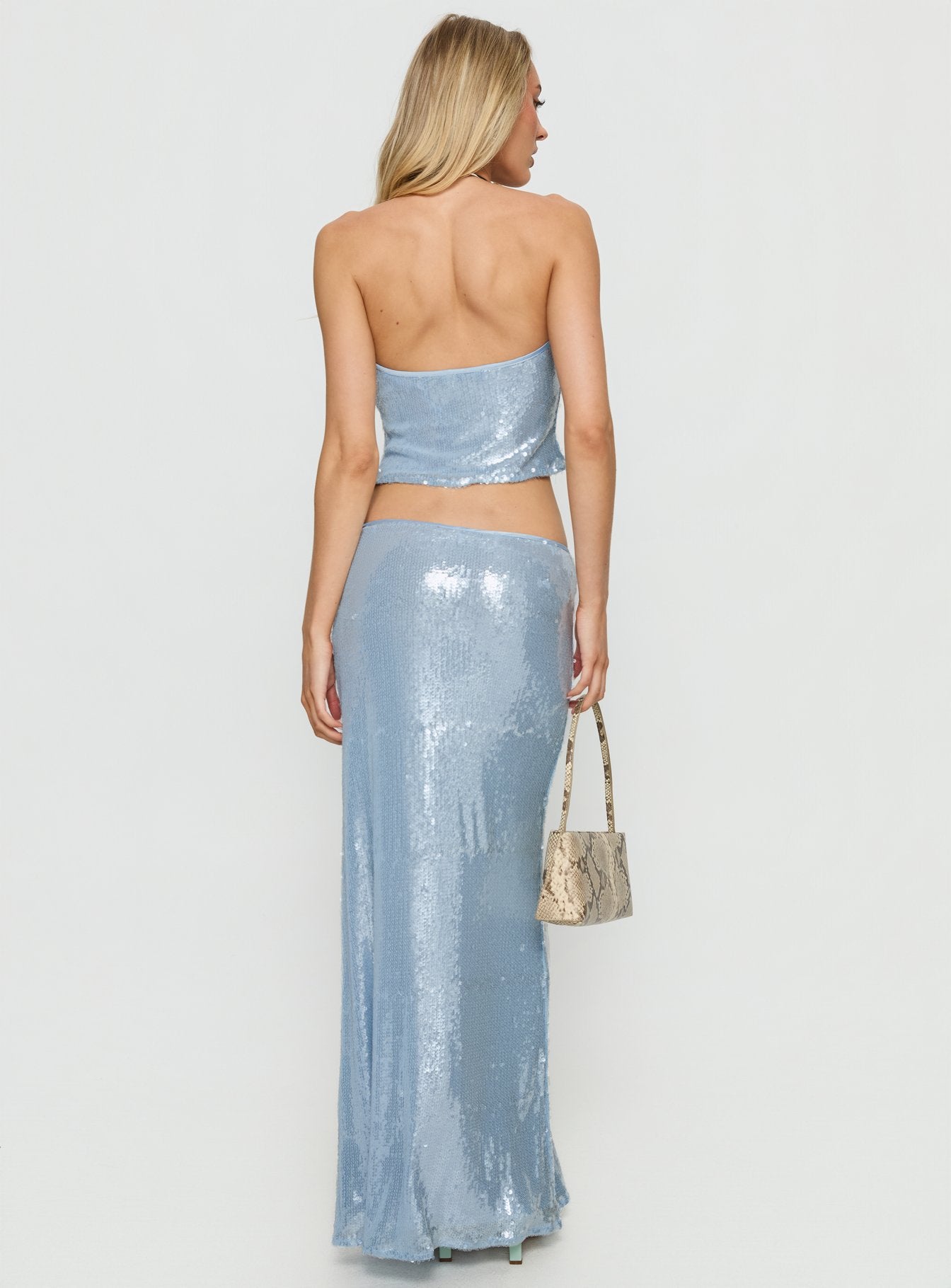 back view of model wearing Princess Polly Emalia Sheer Sequin Maxi Skirt Blue 
