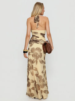 back view of model wearing Princess Polly Roselin Mesh Maxi Skirt Brown Floral Maxi Skirts 
