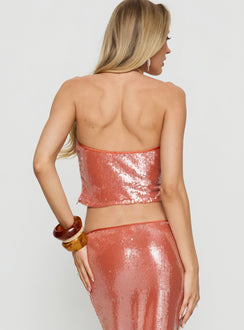Emalia Halter Sheer Sequin Top Orange