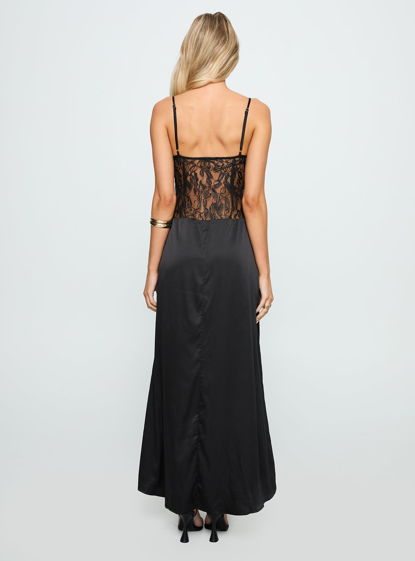 back view of model wearing Princess Polly Captivate Lace Maxi Dress Black V-Neck 