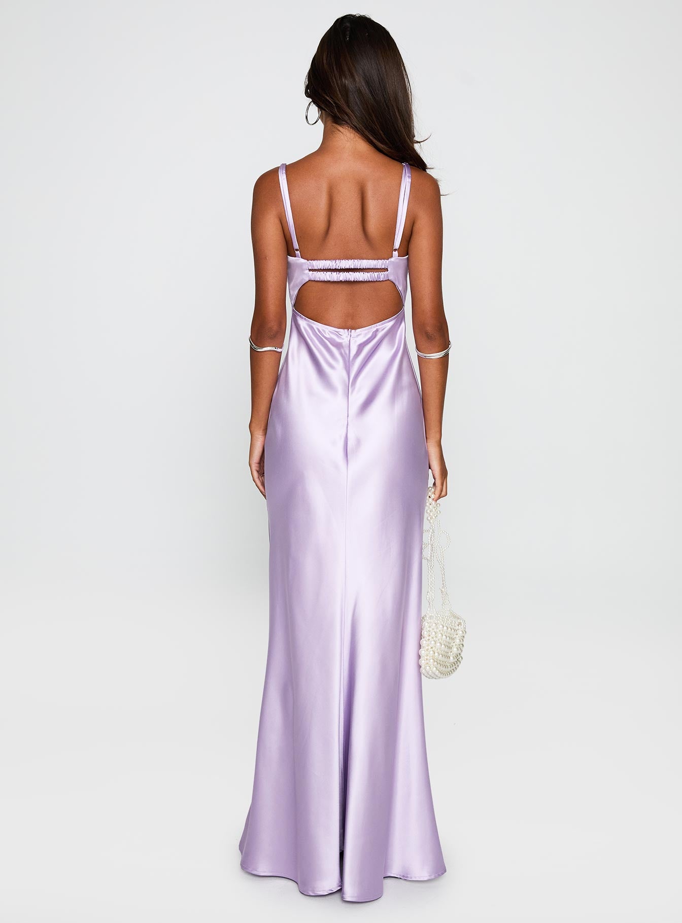 back view of model wearing Princess Polly Fadyen Bias Cut Maxi Dress Lilac Sweetheart Neckline 
