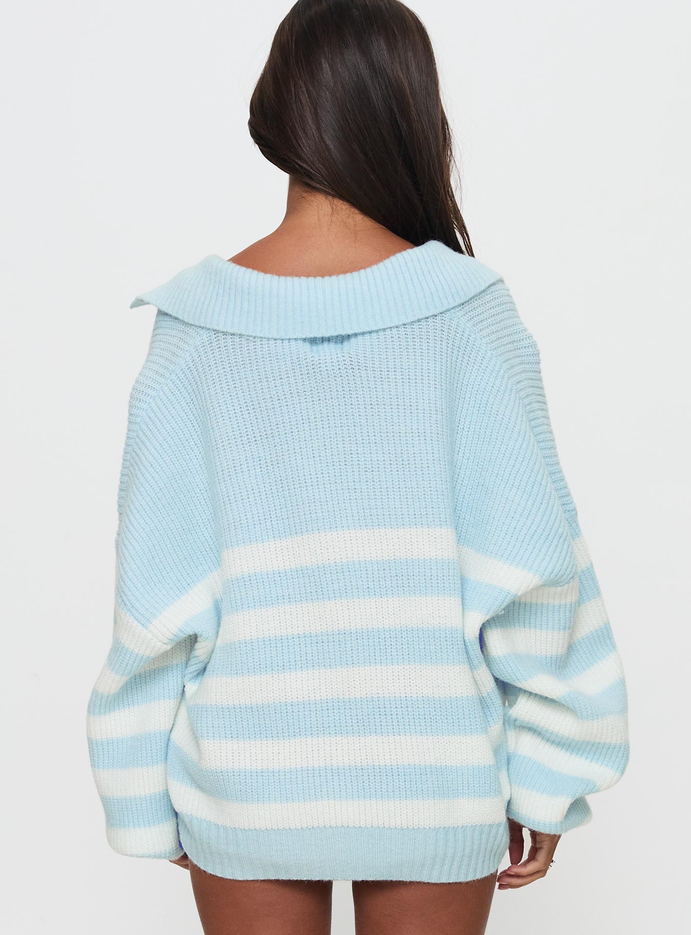 back view of model wearing Princess Polly Carolena Long Sleeve Collared Knit Sweater Blue / White Stripe Long 