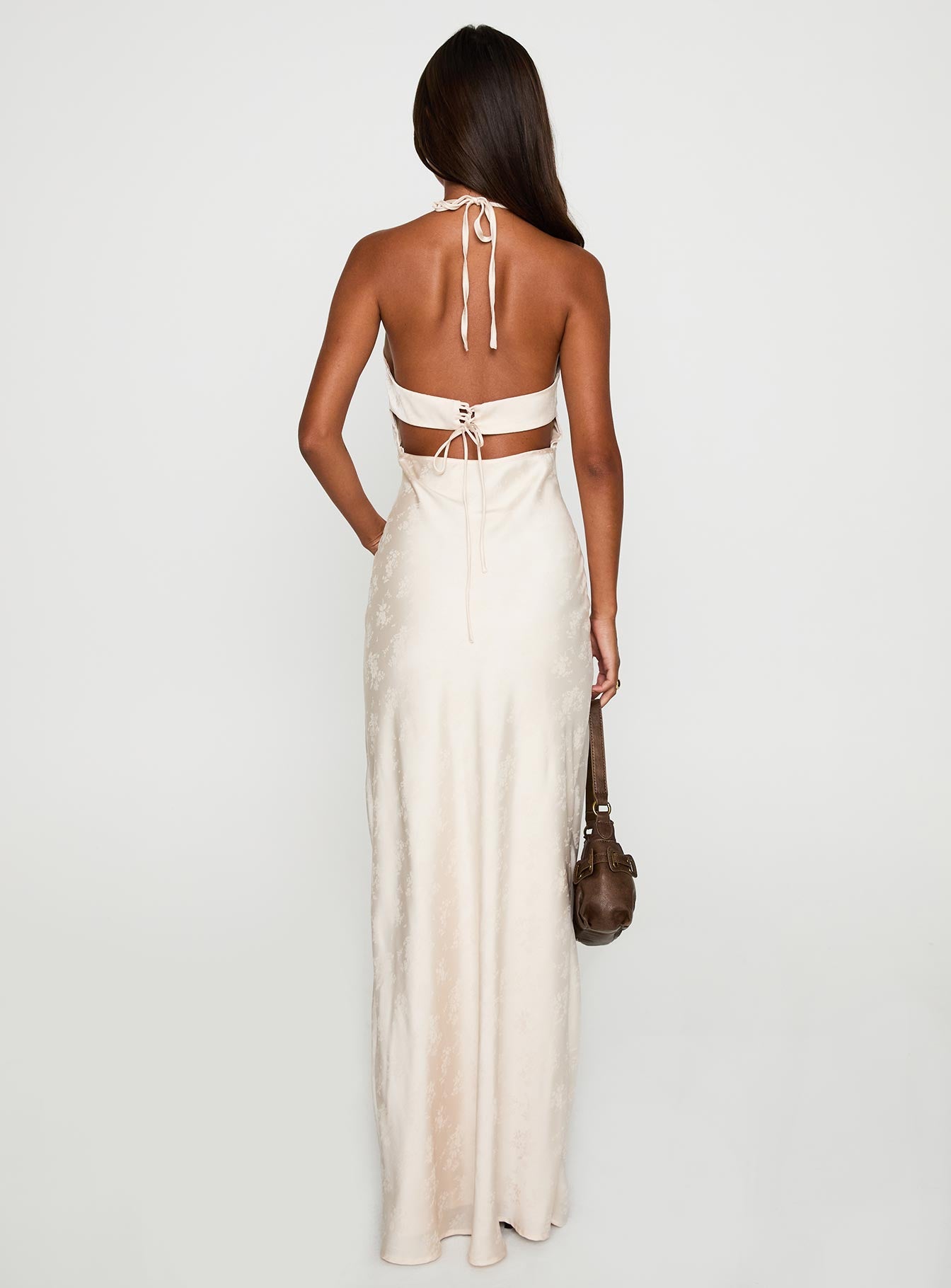 back view of model wearing Princess Polly Limosina Halter Maxi Dress Champagne Plunger 
