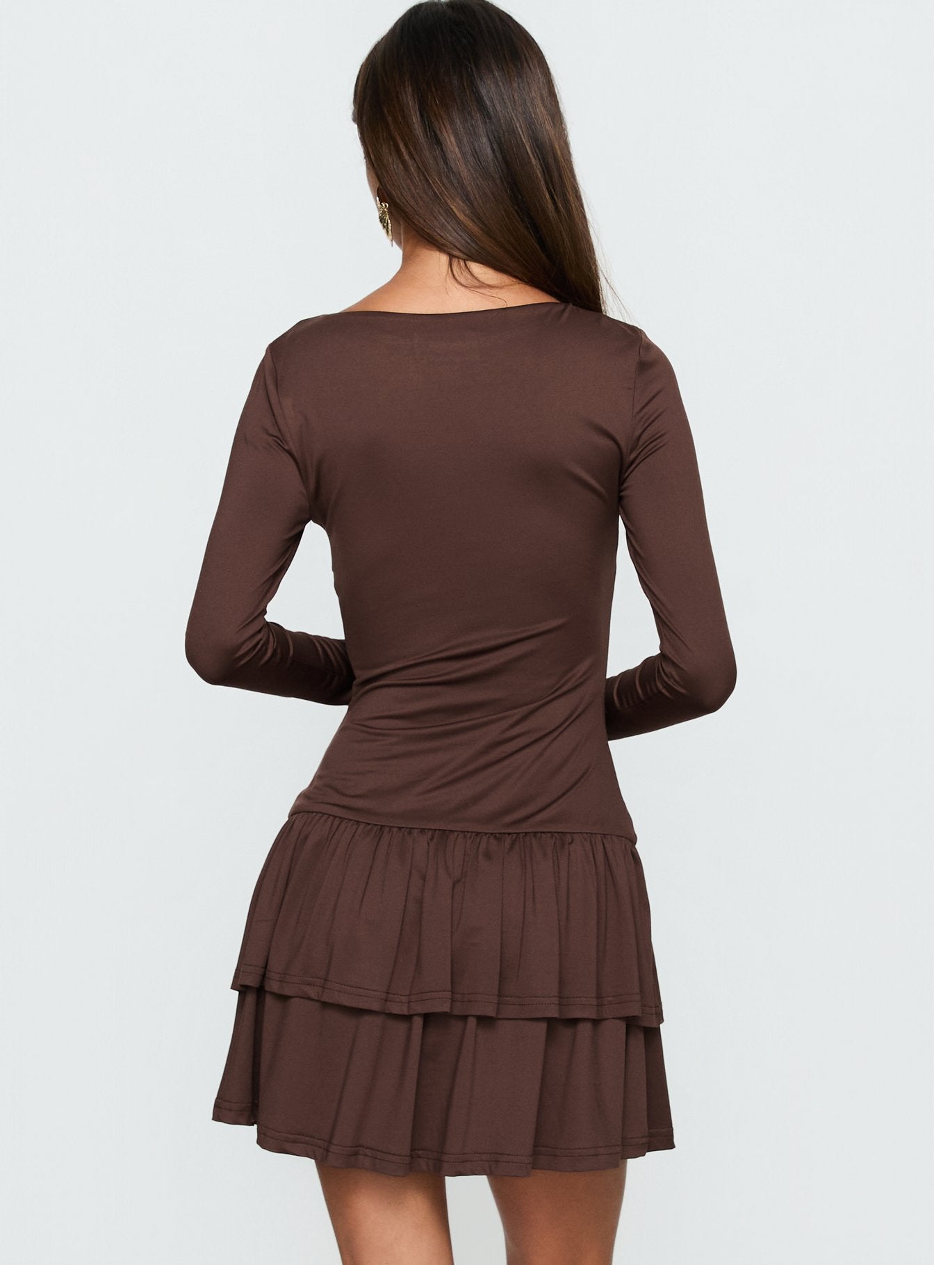 brown long sleeve ruffle dress ASOS DESIGN v neck ruffle long sleeved maxi dress in brown