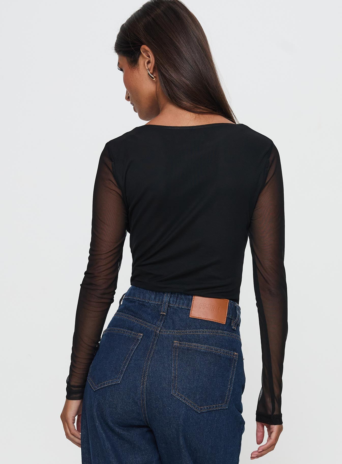 back view of model wearing Princess Polly Delanee Mesh Detail Long Sleeve Bodysuit Black Full Sleeves 
