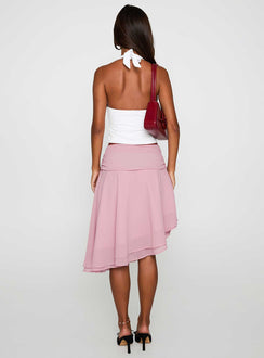 back view of model wearing Princess Polly Evanescence Asymmetrical Midi Skirt Pastel Pink Midi Skirts 