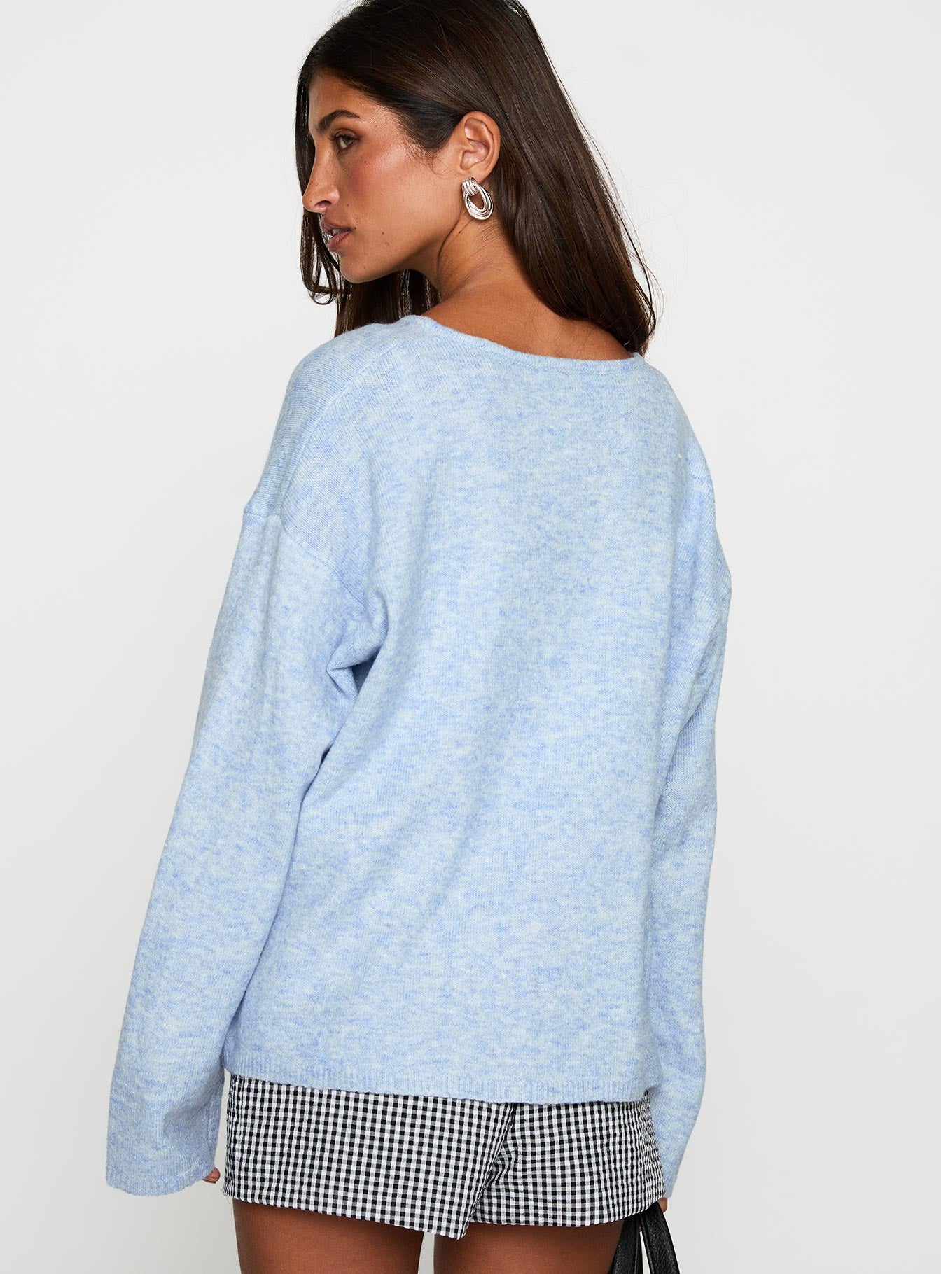 back view of model wearing Princess Polly Frosty Knit Cardigan Blue Long 