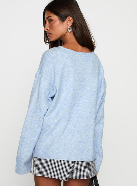 back view of model wearing Princess Polly Frosty Knit Cardigan Blue Long 