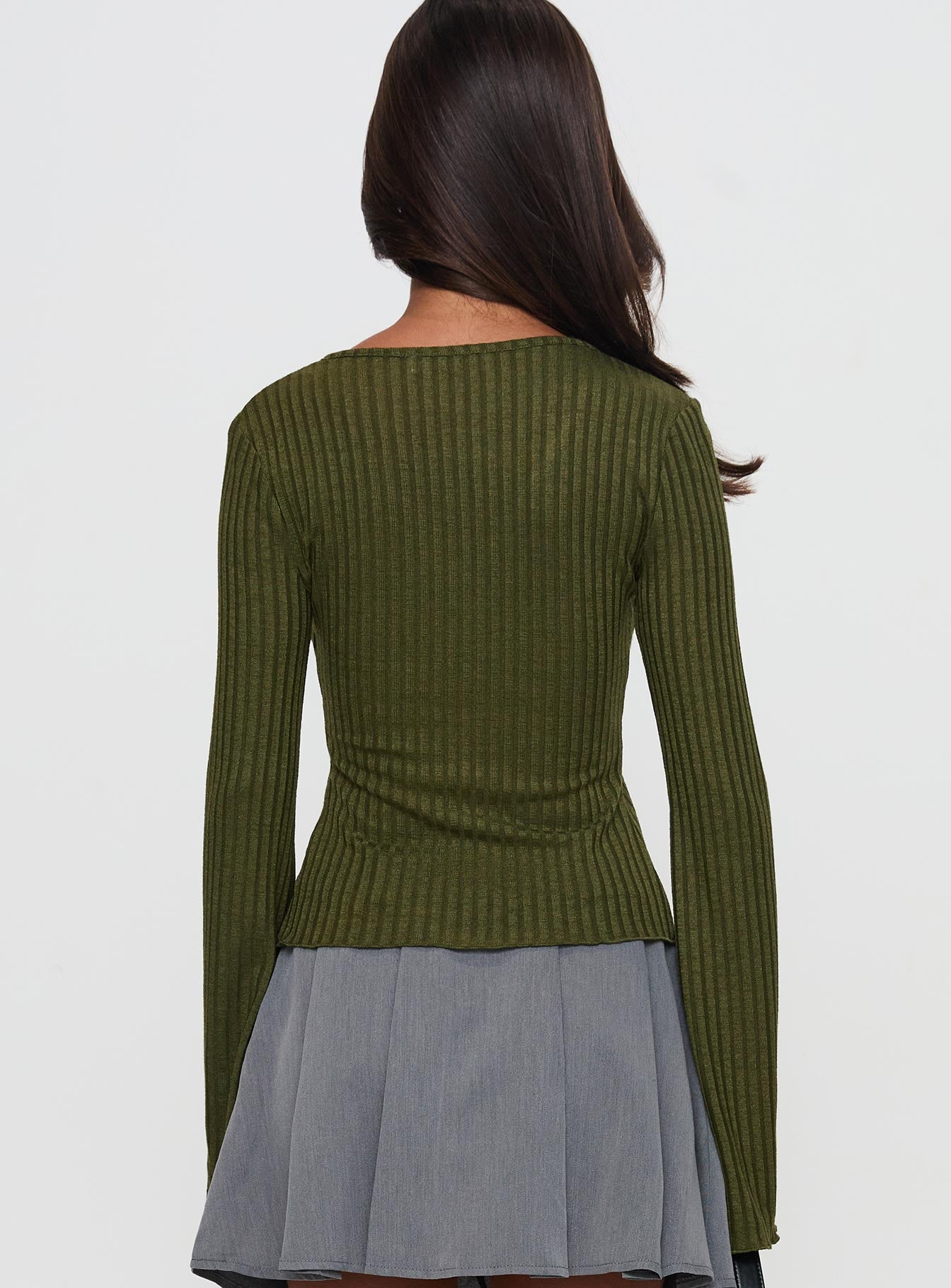 back view of model wearing Princess Polly Allona Long Sleeve Top Green Full Sleeves Plunger 