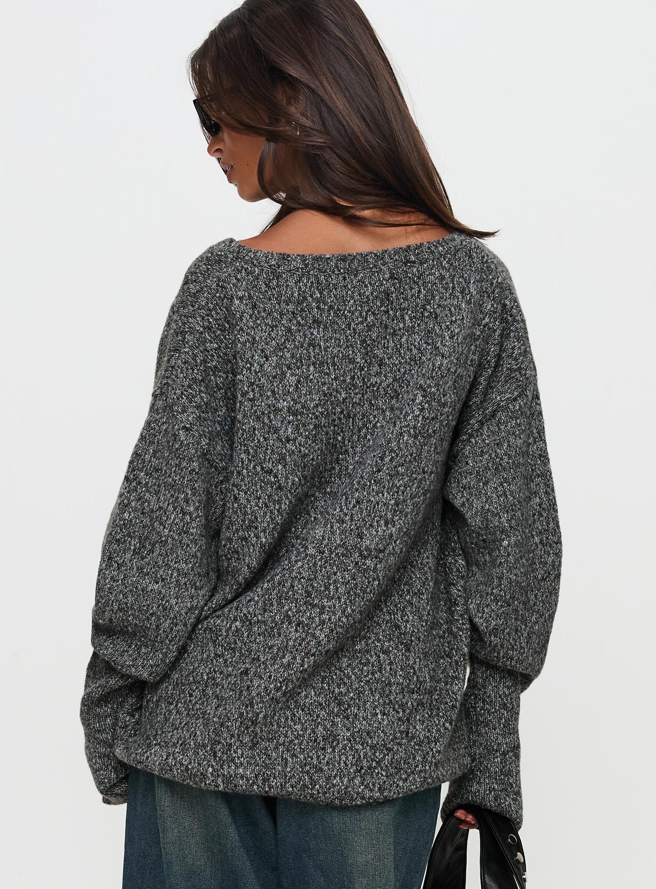 back view of model wearing Princess Polly Beyond My Gaze V Neck Knit Sweater Grey Long 
