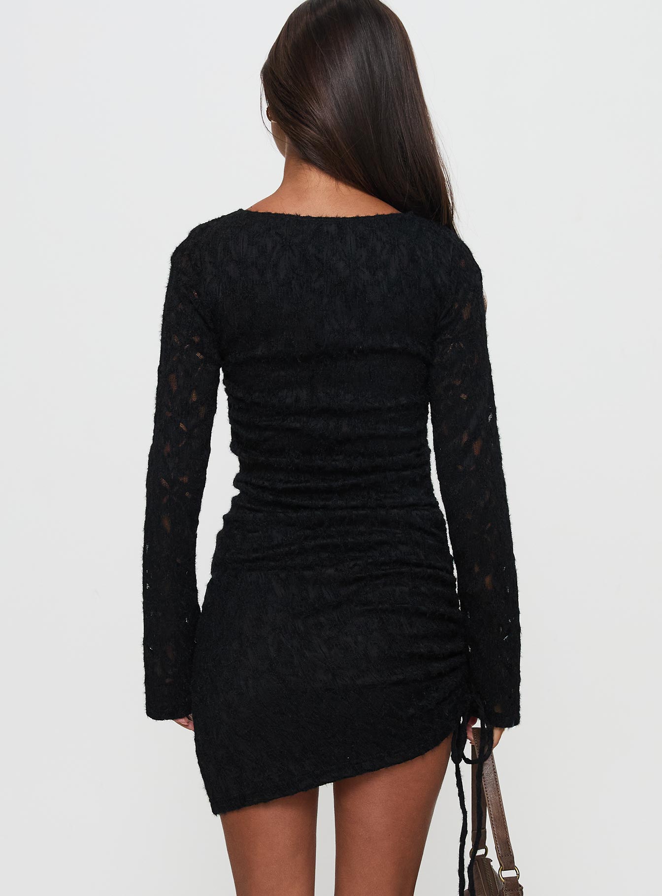 back view of model wearing Princess Polly Que Sera Long Sleeve Mini Dress Black Boat Neck 