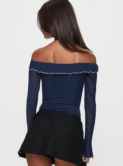 back view of model wearing Princess Polly Arsema Off The Shoulder Bodysuit Navy Full Sleeves 