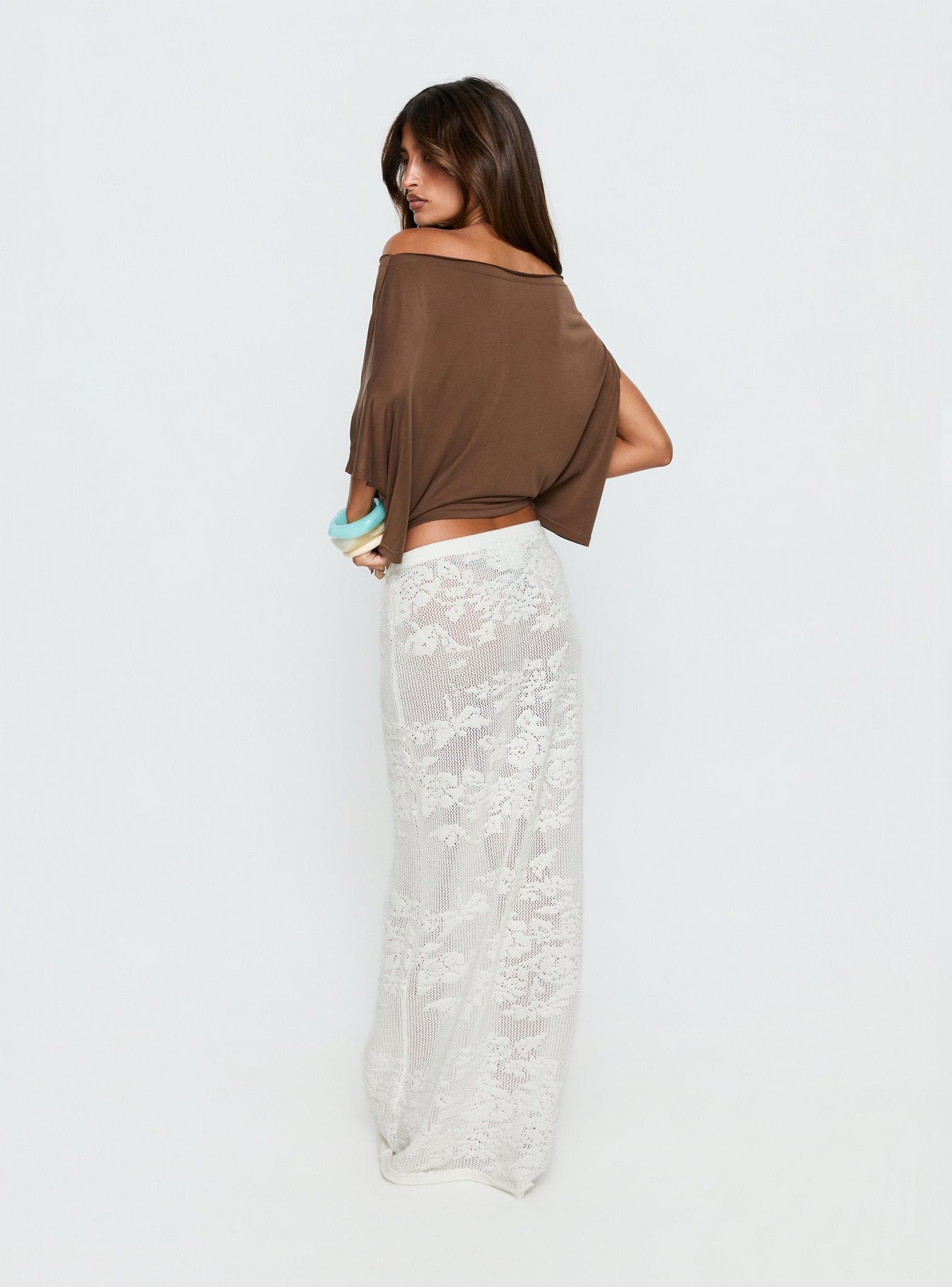 back view of model wearing Princess Polly Opresia Crochet Maxi Skirt White Maxi Skirts 