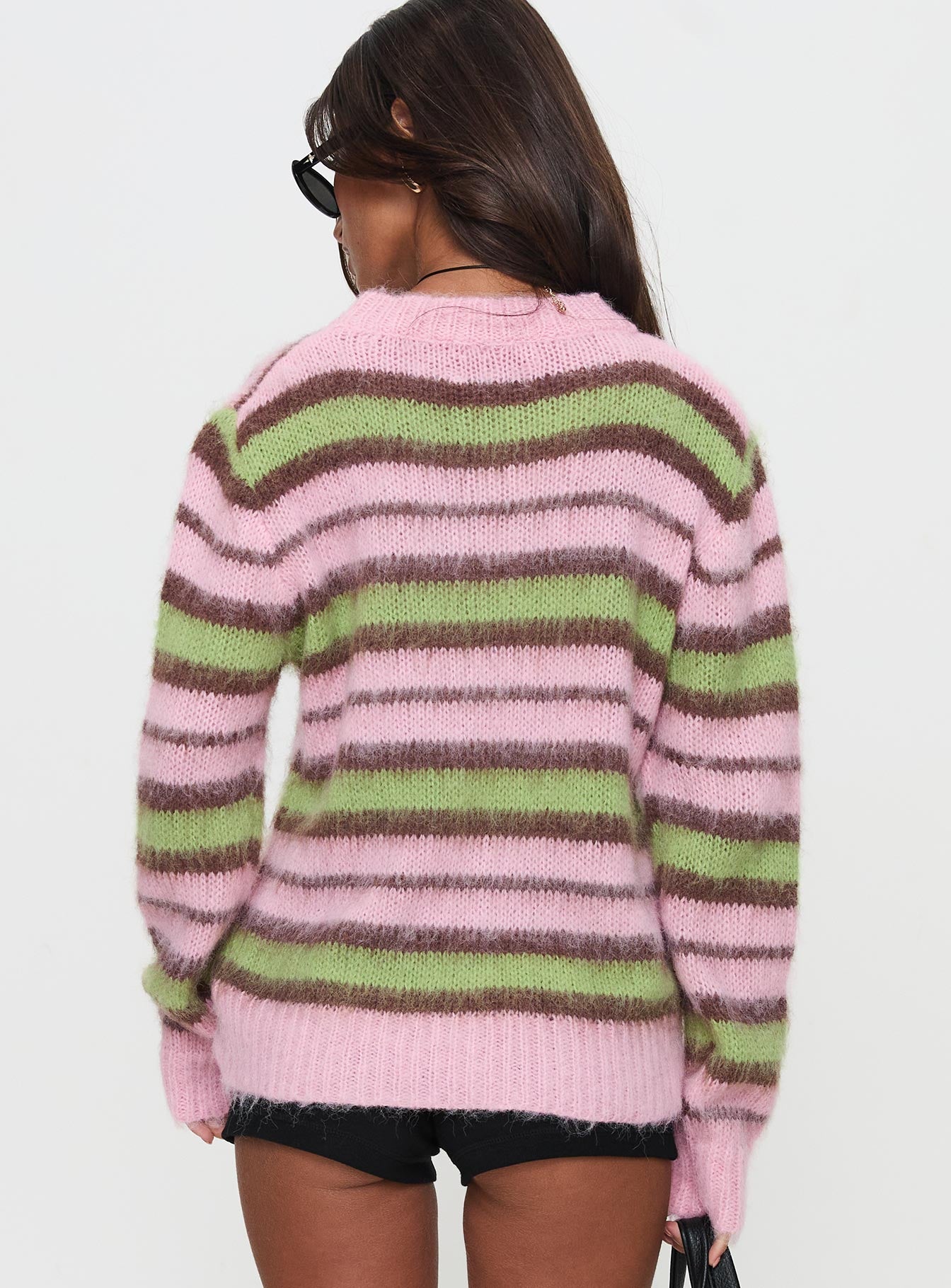 back view of model wearing Princess Polly Maysie Crew Neck Knit Sweater Green / Pink Long 