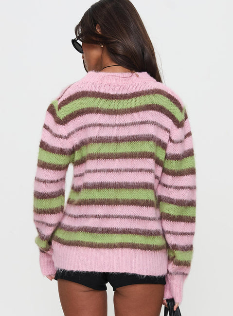 back view of model wearing Princess Polly Maysie Crew Neck Knit Sweater Green / Pink Long 