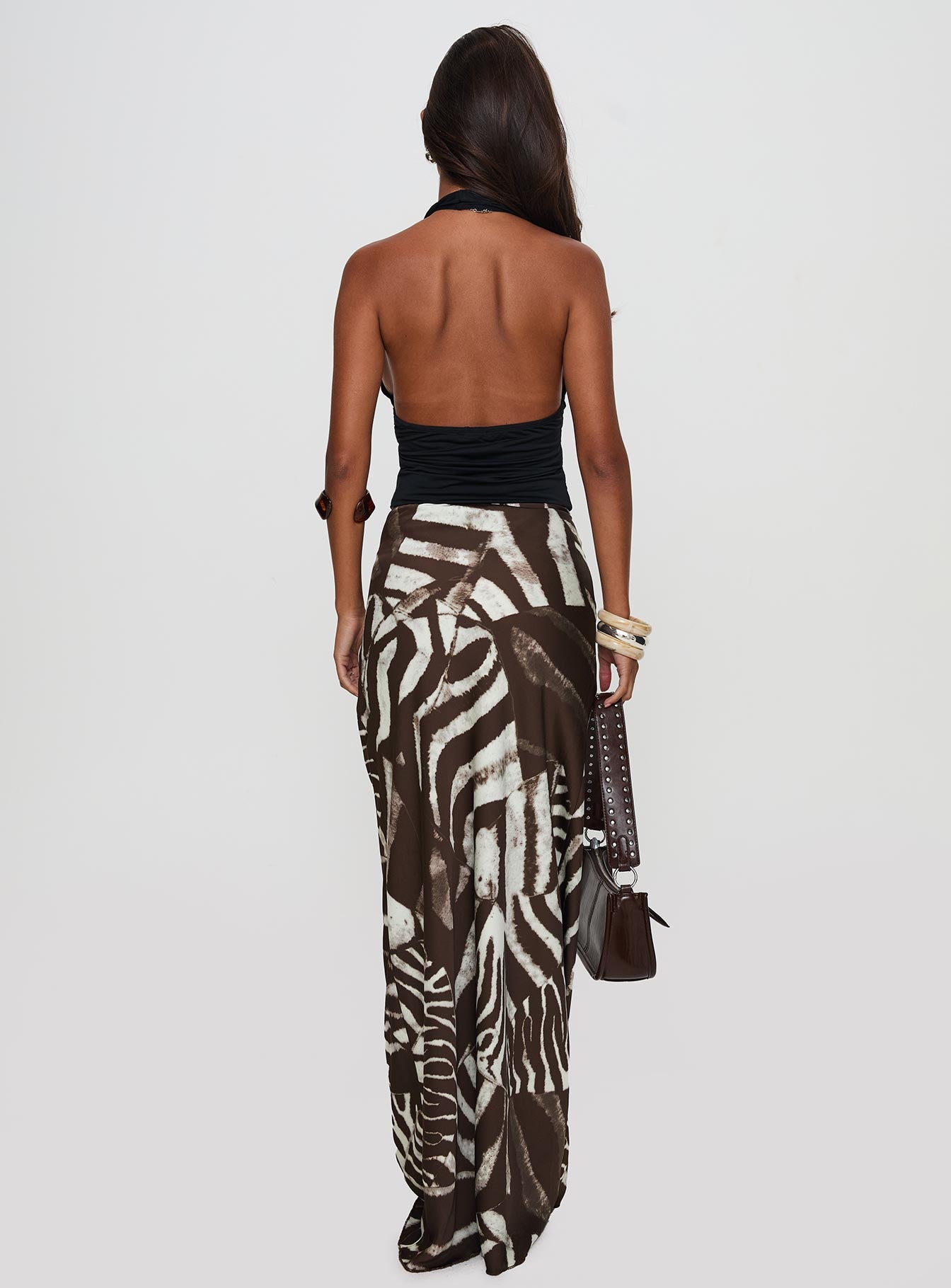 back view of model wearing Princess Polly Rowana Maxi Skirt Multi Maxi 
