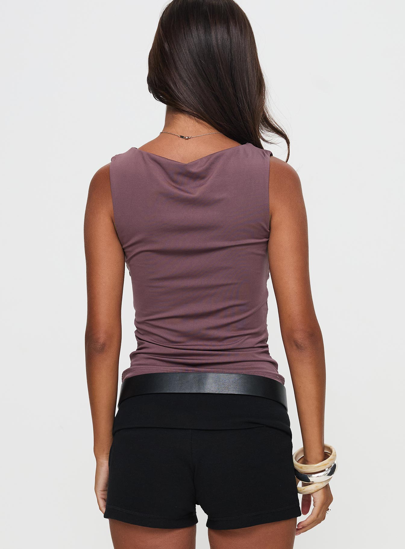 back view of model wearing Princess Polly Solani Top Purple Sleeveless Boat Neck 