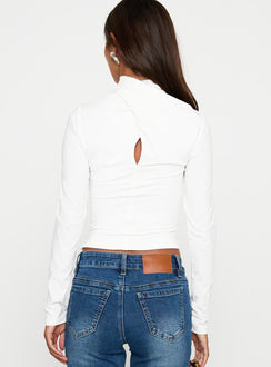 back view of model wearing Princess Polly Ganz Long Sleeve Top White Full Sleeves High Neck 