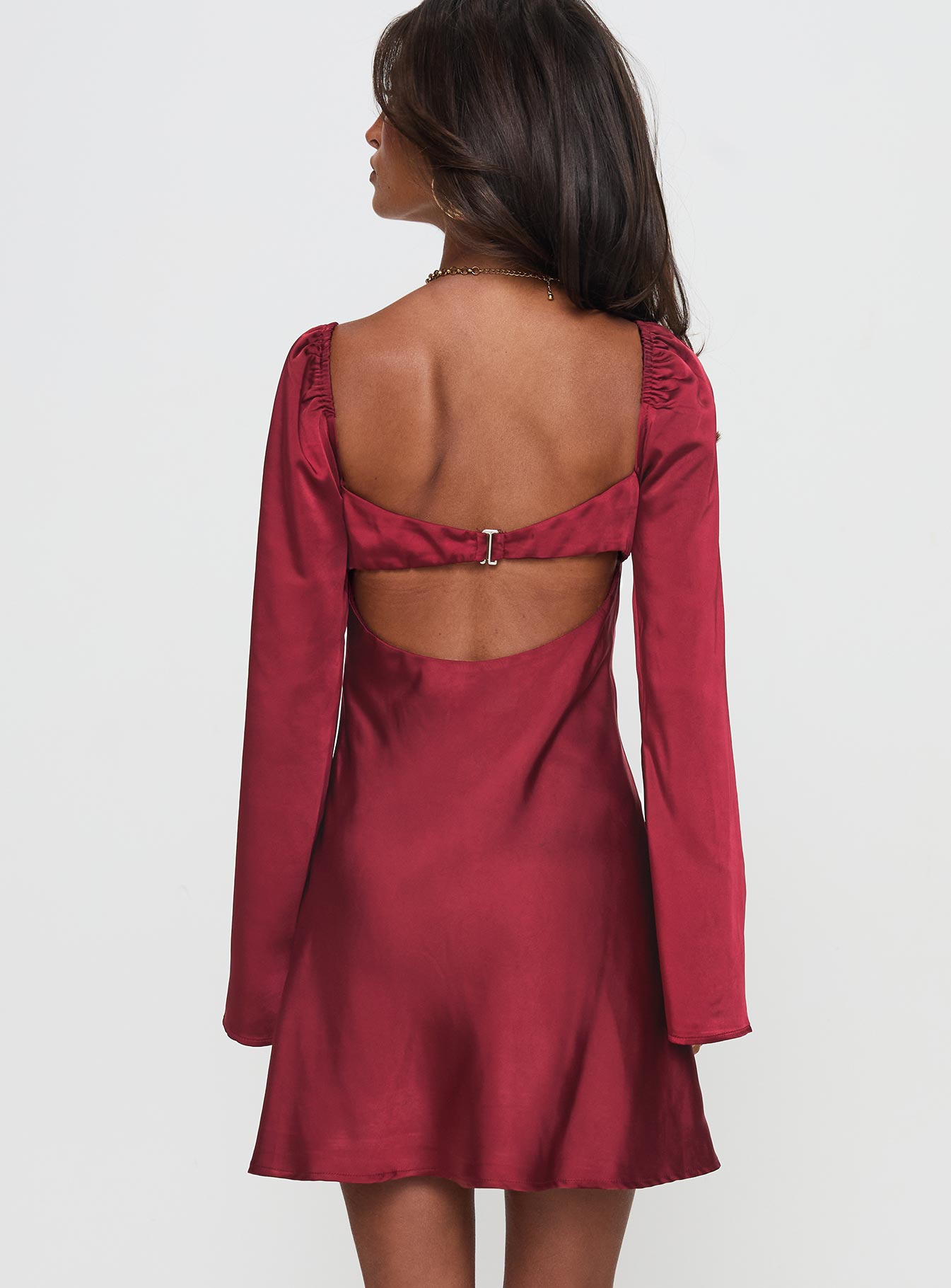 back view of model wearing Princess Polly Moniz Long Sleeve Mini Dress Burgundy Sweetheart Neckline 