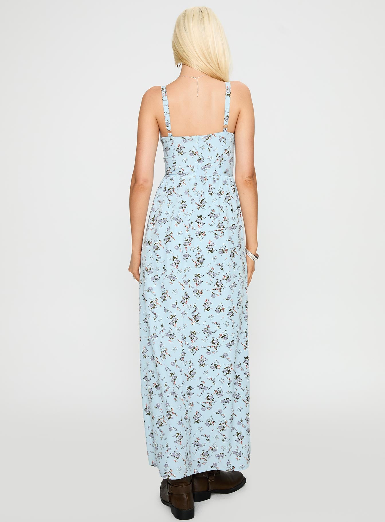 back view of model wearing Princess Polly Izebella Maxi Dress Blue Floral Sweetheart Neckline 