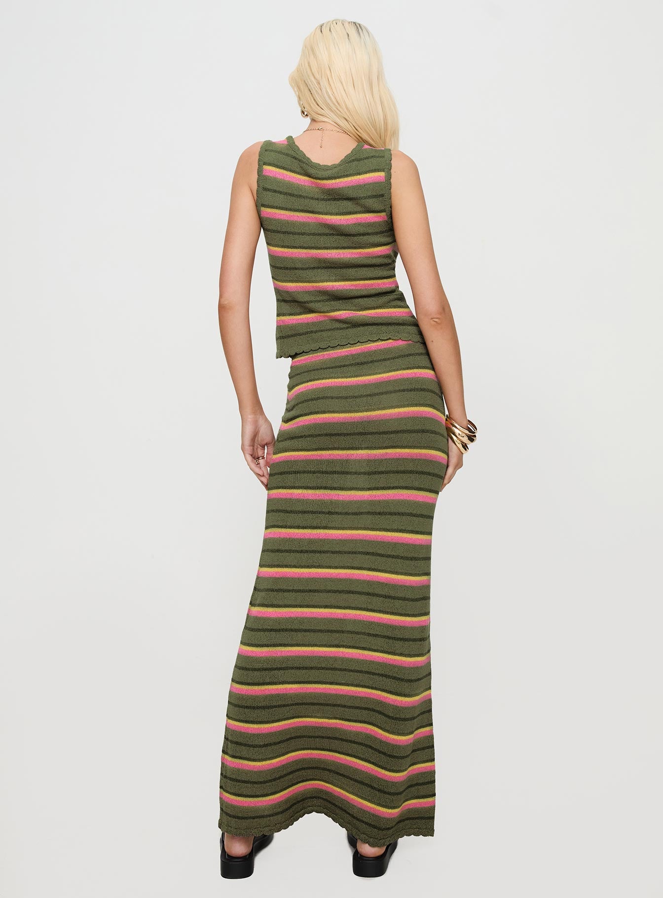 back view of model wearing Princess Polly Giulia Knit Maxi Skirt Green Multi Maxi 