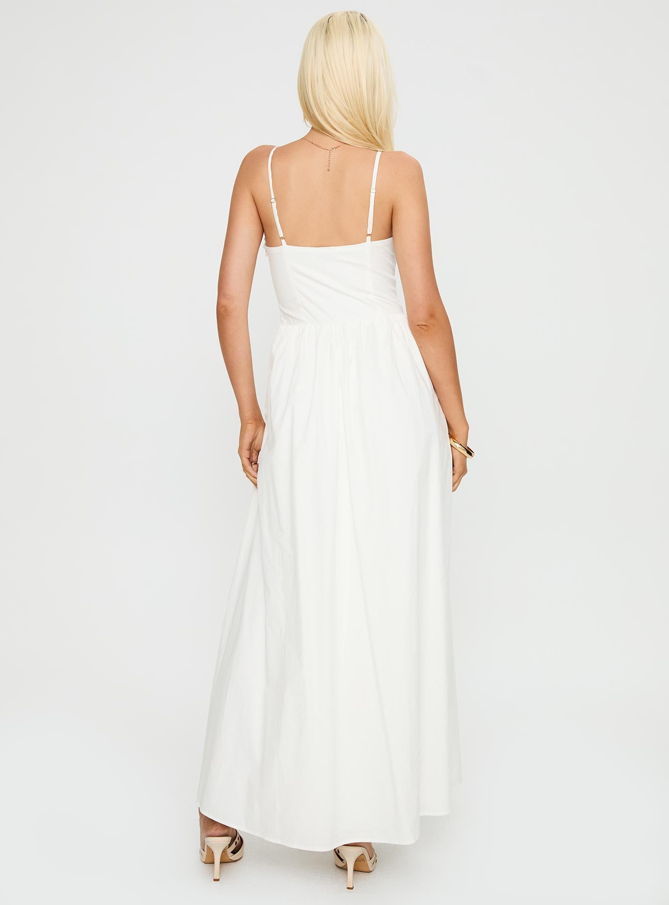 back view of model wearing Princess Polly Ceremonious Maxi Dress White Sweetheart Neckline 