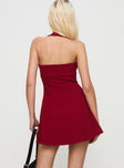 back view of model wearing Princess Polly Alyn Halter Mini Dress Wine Red Square Neck 