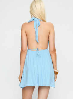 back view of model wearing Princess Polly Saddler Mini Dress Blue Plunger 