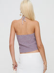 back view of model wearing Princess Polly Runaway Baby Top Purple Sleeveless Asymmetric Neckline 