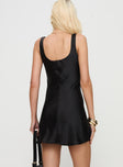 back view of model wearing Princess Polly 90s Baby Satin Mini Dress Black Square Neck 