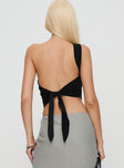 back view of model wearing Princess Polly Harford One Shoulder Top Black Sleeveless Asymmetric Neckline 