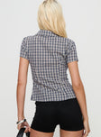 back view of model wearing Princess Polly Alma Mater Top Multi Check Short Sleeves High Neck 