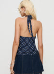 back view of model wearing Princess Polly Amalthea Top Blue Check Sleeveless Plunger 