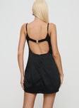 back view of model wearing Princess Polly Fabulous Mini Dress Black / White Sweetheart Neckline 