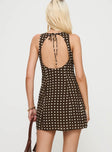 back view of model wearing Princess Polly Serina Polka Mini Dress Brown / White Scoop Neck 