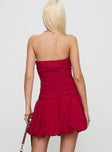 back view of model wearing Princess Polly Glamour Girl Strapless Bubble Hem Mini Dress Red Straight Neck 