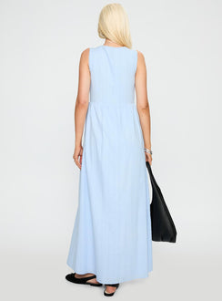 back view of model wearing Princess Polly Elyza Maxi Dress Blue Plunger 
