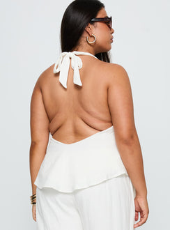 back view of model wearing Princess Polly Aquaria Halter Linen Blend Top White Curve Sleeveless Crew Neck 